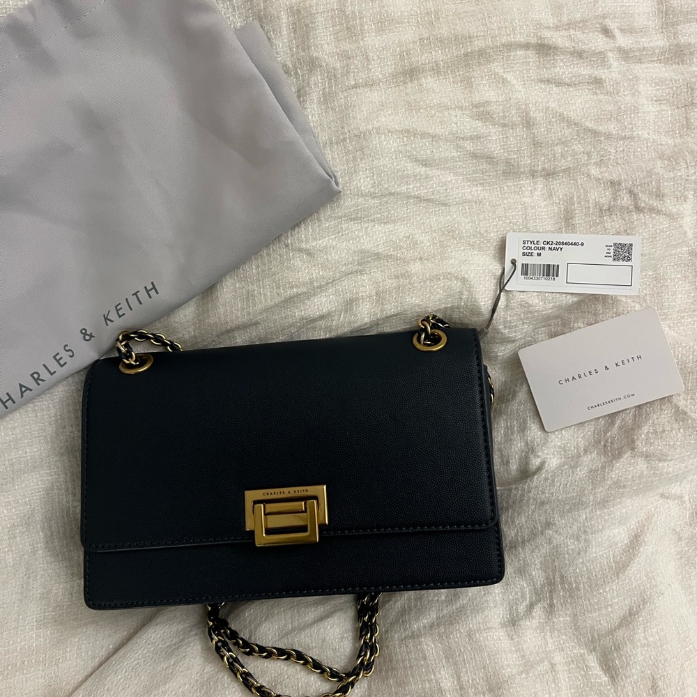 Charles & Keith Black Crossbody Bag with Gold Accents